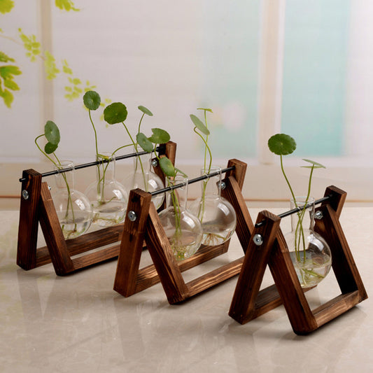 Swing Wooden Stand Hydroponic Plant Glass Vase